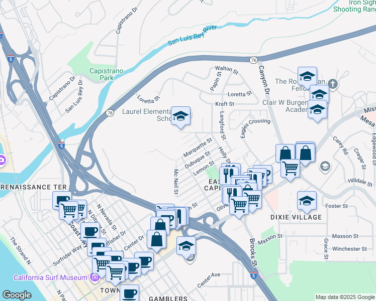 map of restaurants, bars, coffee shops, grocery stores, and more near 1422 Marquette Street in Oceanside