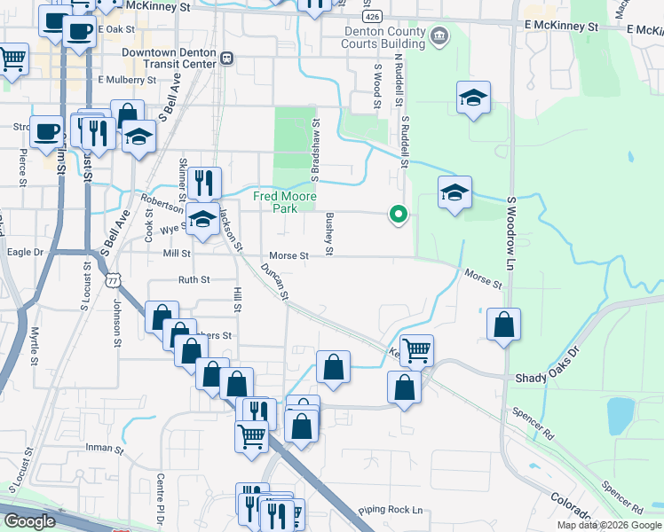 map of restaurants, bars, coffee shops, grocery stores, and more near 1004 Morse Street in Denton
