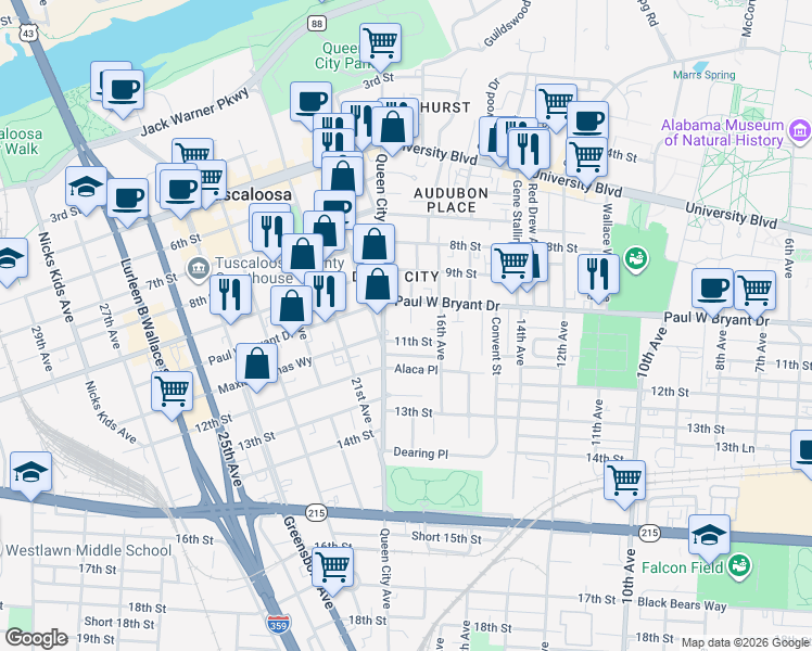 map of restaurants, bars, coffee shops, grocery stores, and more near 1614 11th Street in Tuscaloosa