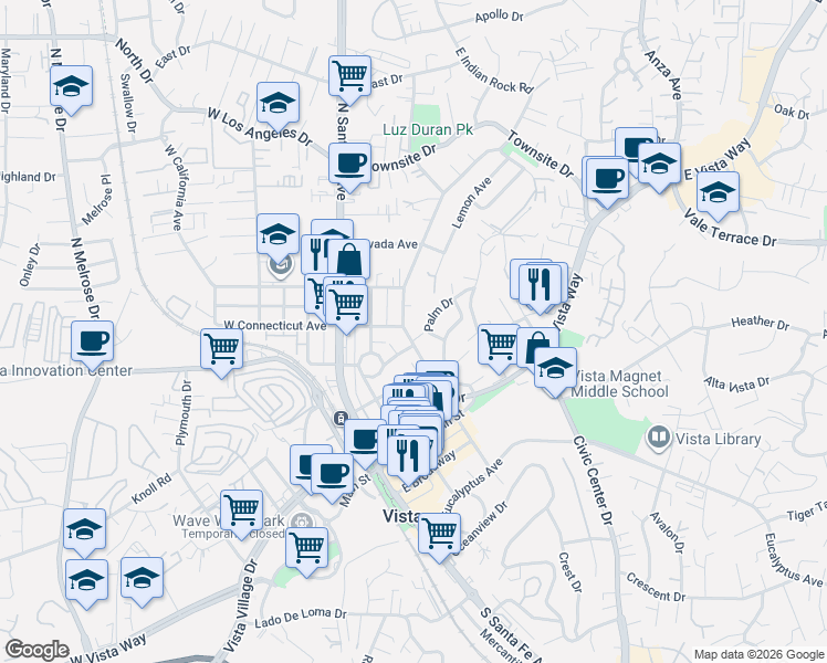 map of restaurants, bars, coffee shops, grocery stores, and more near 333 North Citrus Avenue in Vista
