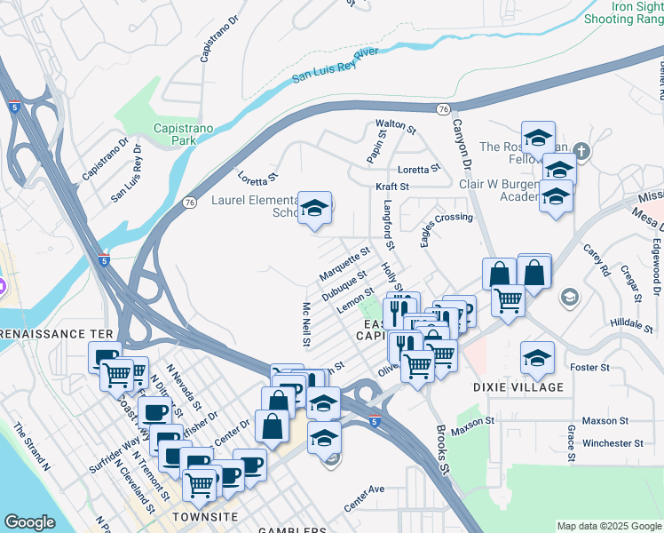map of restaurants, bars, coffee shops, grocery stores, and more near 1409 Marquette Street in Oceanside