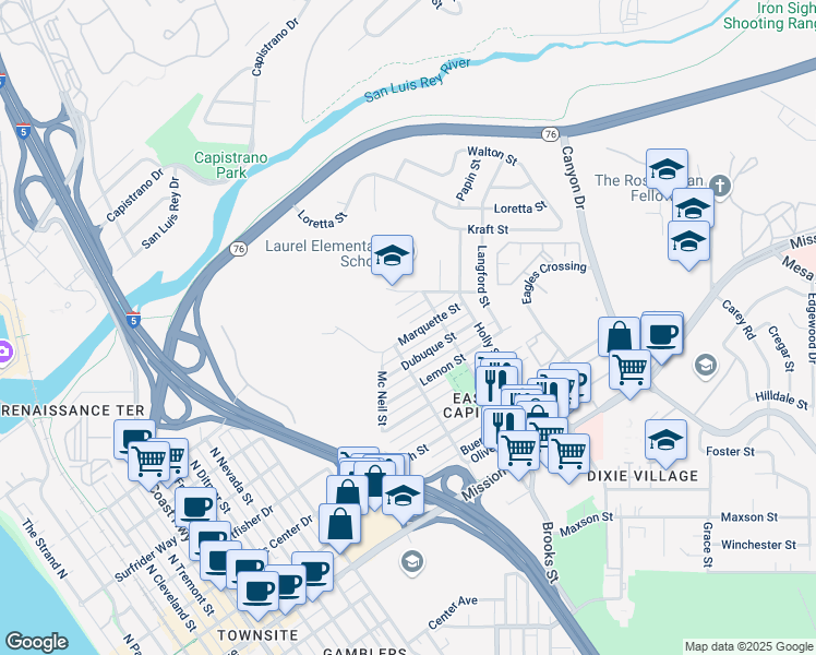 map of restaurants, bars, coffee shops, grocery stores, and more near 1409 Marquette Street in Oceanside