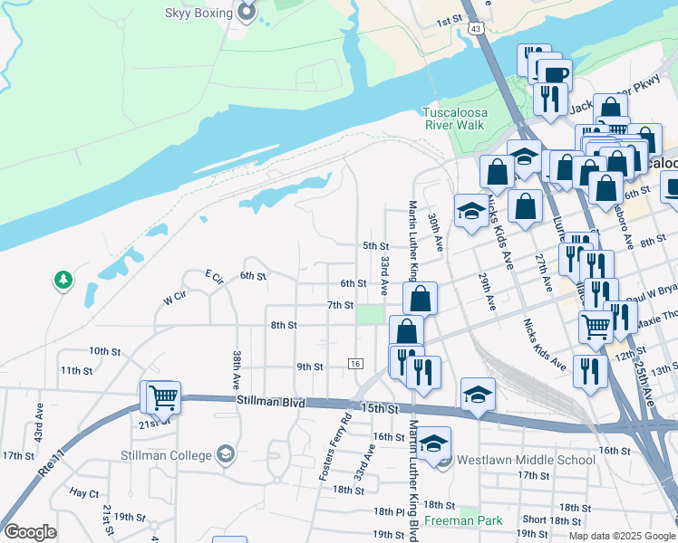 map of restaurants, bars, coffee shops, grocery stores, and more near 3409 6th Street in Tuscaloosa