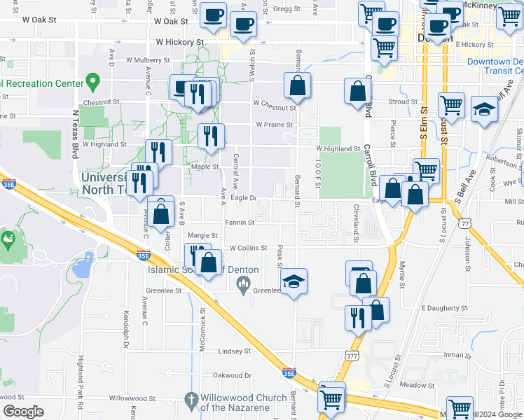 map of restaurants, bars, coffee shops, grocery stores, and more near 932 Fannin Street in Denton