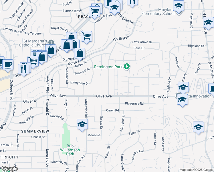 map of restaurants, bars, coffee shops, grocery stores, and more near 748 Granada Drive in Vista