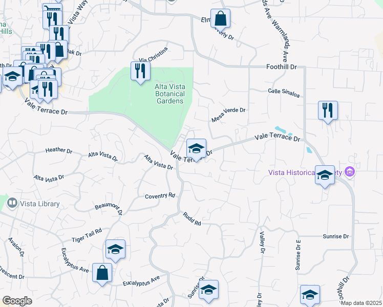 map of restaurants, bars, coffee shops, grocery stores, and more near 102 Stephanie Lane in Vista