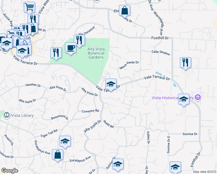 map of restaurants, bars, coffee shops, grocery stores, and more near 102 Stephanie Lane in Vista