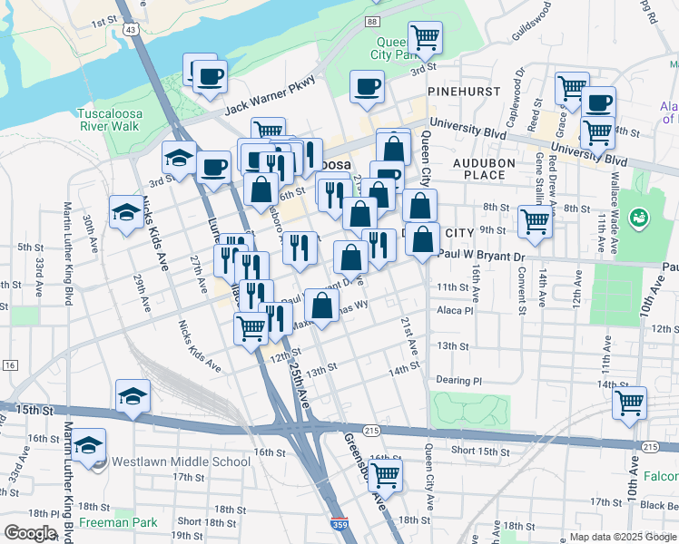 map of restaurants, bars, coffee shops, grocery stores, and more near 2209 9th Street in Tuscaloosa