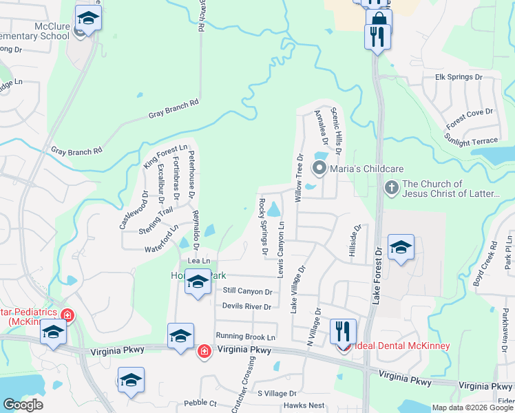 map of restaurants, bars, coffee shops, grocery stores, and more near 801 Rocky Springs Drive in McKinney