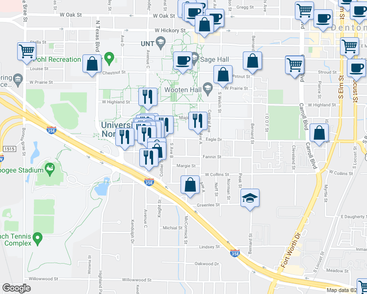 map of restaurants, bars, coffee shops, grocery stores, and more near 912 McCormick Street in Denton