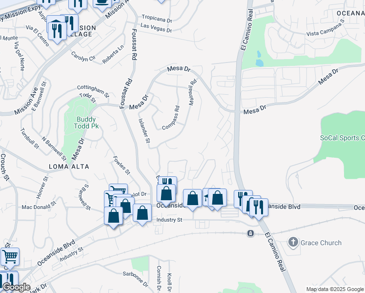 map of restaurants, bars, coffee shops, grocery stores, and more near 3553 Voyager Court in Oceanside