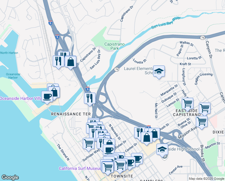 map of restaurants, bars, coffee shops, grocery stores, and more near 845 Harbor Cliff Way in Oceanside