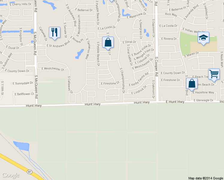 map of restaurants, bars, coffee shops, grocery stores, and more near 1570 East Hazeltine Way in Chandler