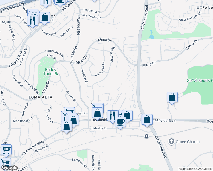 map of restaurants, bars, coffee shops, grocery stores, and more near 3553 Voyager Court in Oceanside