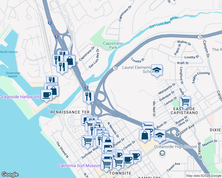 map of restaurants, bars, coffee shops, grocery stores, and more near 845 Harbor Cliff Way in Oceanside