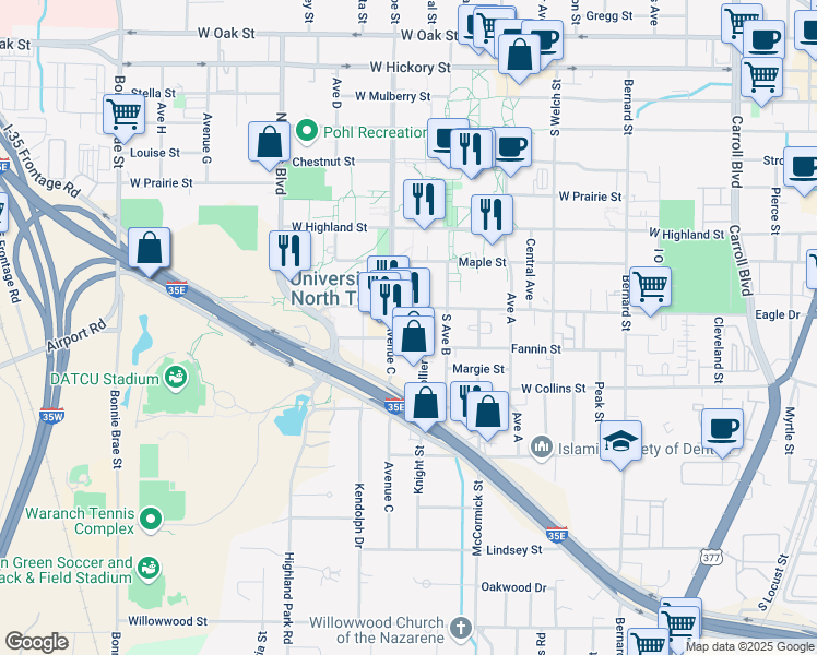 map of restaurants, bars, coffee shops, grocery stores, and more near 917 Avenue C in Denton