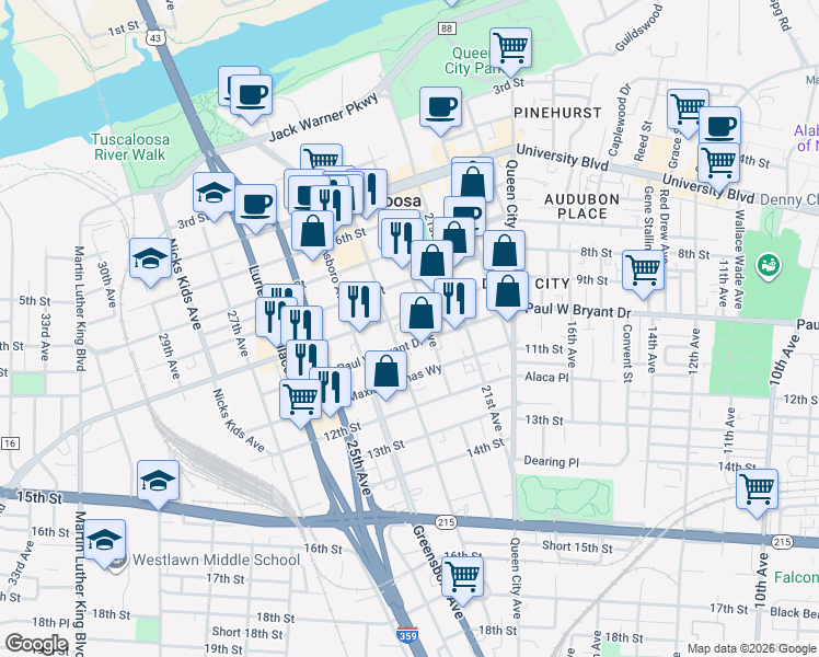 map of restaurants, bars, coffee shops, grocery stores, and more near 2211 Paul William Bryant Drive in Tuscaloosa
