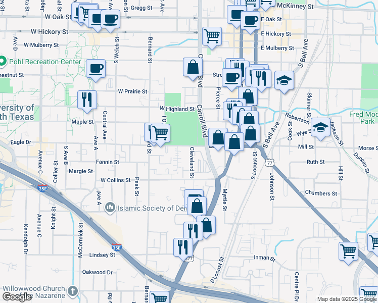 map of restaurants, bars, coffee shops, grocery stores, and more near 501 Eagle Drive in Denton