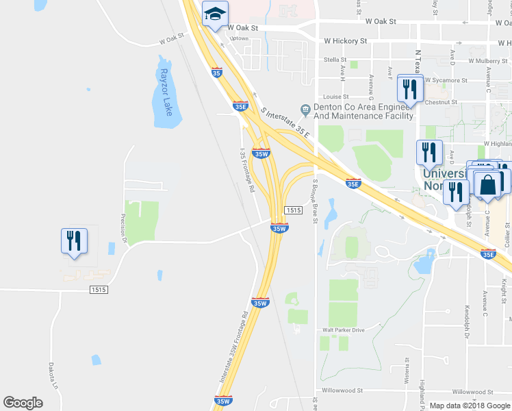 map of restaurants, bars, coffee shops, grocery stores, and more near 2417 Interstate 35 Frontage Road in Denton