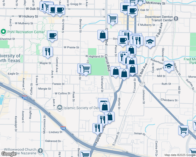 map of restaurants, bars, coffee shops, grocery stores, and more near 505 Eagle Drive in Denton