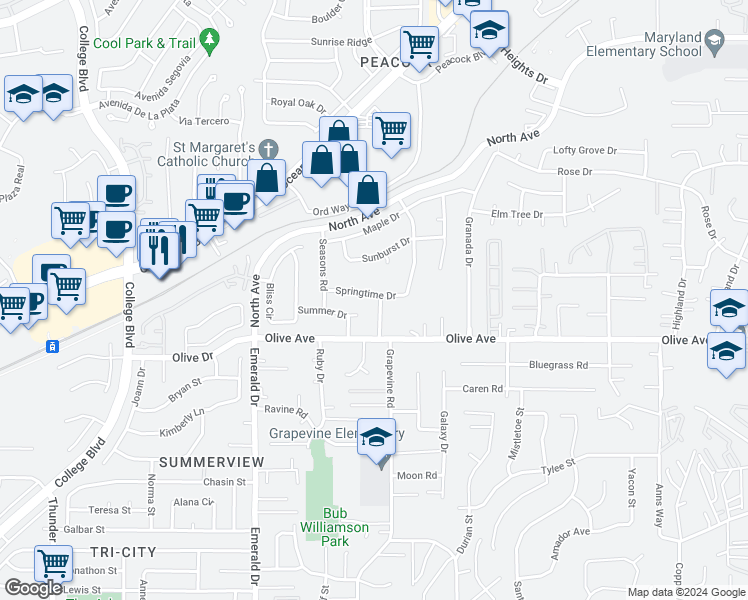 map of restaurants, bars, coffee shops, grocery stores, and more near 4435 Springtime Drive in Oceanside