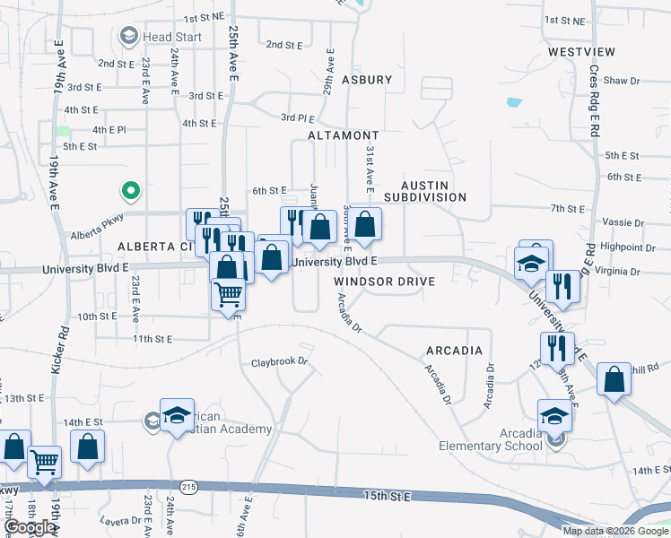 map of restaurants, bars, coffee shops, grocery stores, and more near 2935 Arcadia Drive in Tuscaloosa