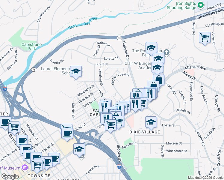 map of restaurants, bars, coffee shops, grocery stores, and more near 405 Stoney Point Way in Oceanside