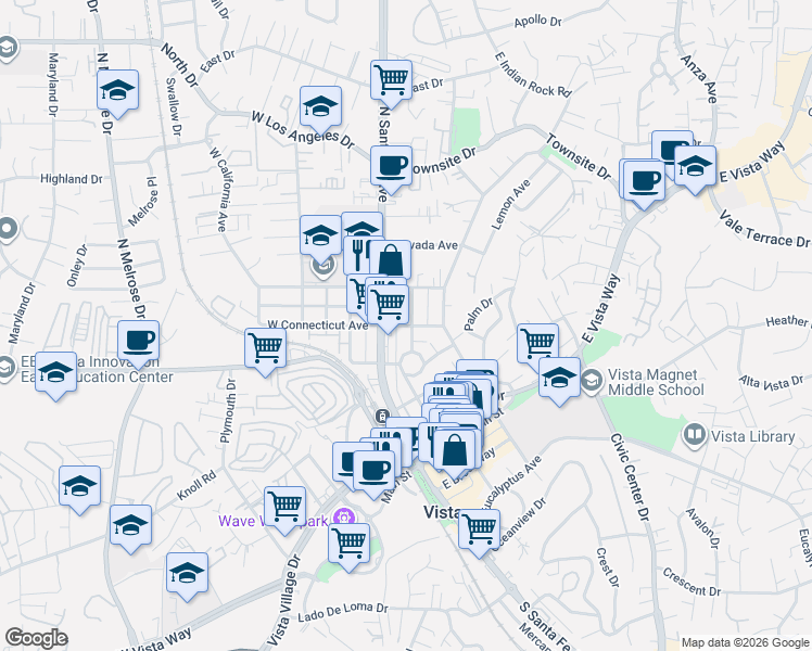 map of restaurants, bars, coffee shops, grocery stores, and more near 415 North Santa Fe Avenue in Vista