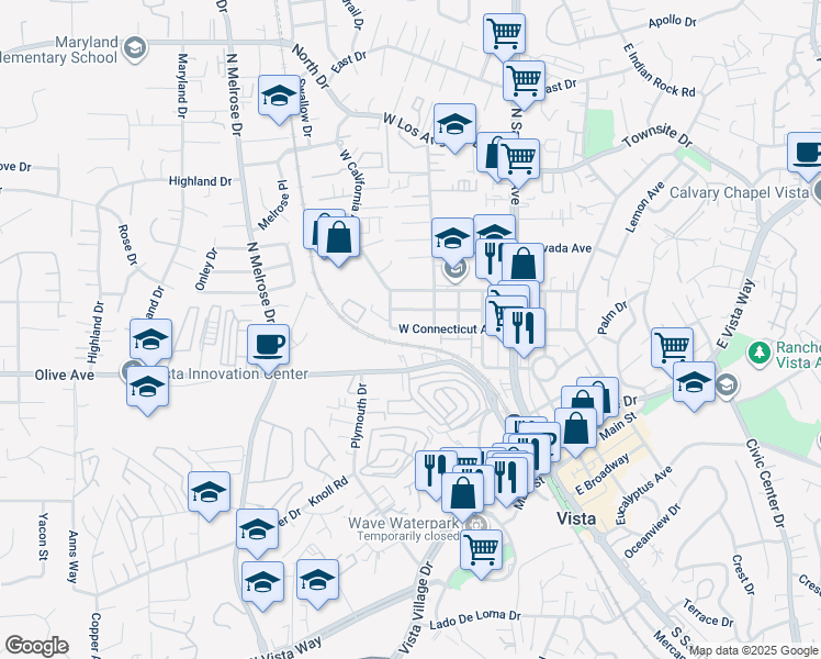 map of restaurants, bars, coffee shops, grocery stores, and more near 355 Olive Avenue in Vista