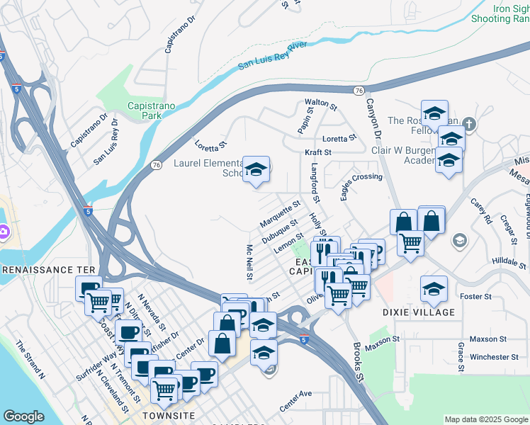 map of restaurants, bars, coffee shops, grocery stores, and more near 1409 Marquette Street in Oceanside