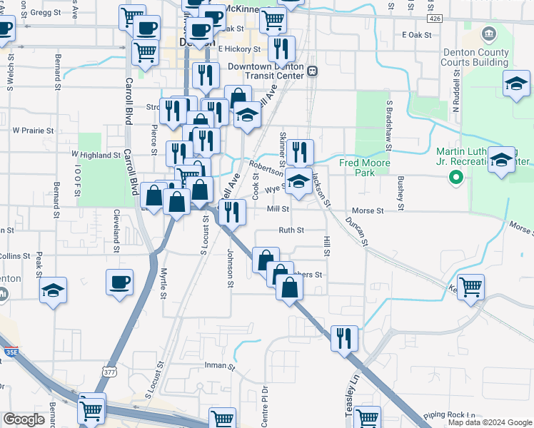 map of restaurants, bars, coffee shops, grocery stores, and more near 319 Ruth Street in Denton