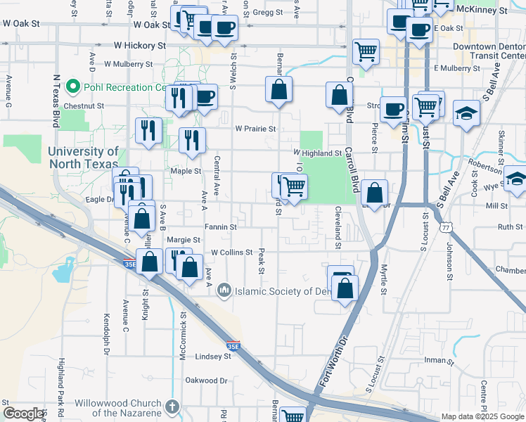 map of restaurants, bars, coffee shops, grocery stores, and more near 932 Fannin Street in Denton