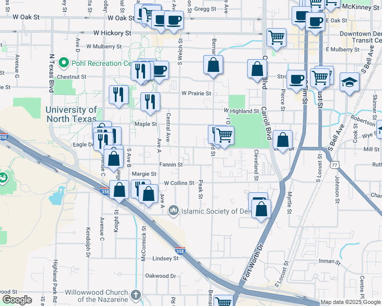 map of restaurants, bars, coffee shops, grocery stores, and more near 932 Fannin Street in Denton