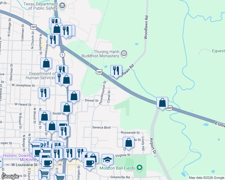 map of restaurants, bars, coffee shops, grocery stores, and more near 908 Canal Street in McKinney