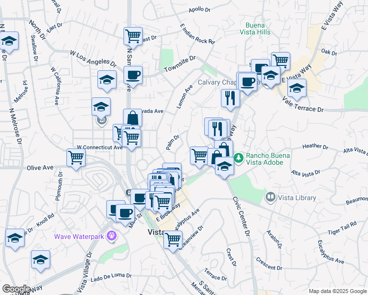 map of restaurants, bars, coffee shops, grocery stores, and more near 447 Alvarado Terrace in Vista