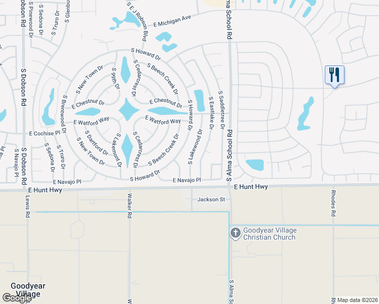 map of restaurants, bars, coffee shops, grocery stores, and more near 26603 South Pear Tree Drive in Sun Lakes