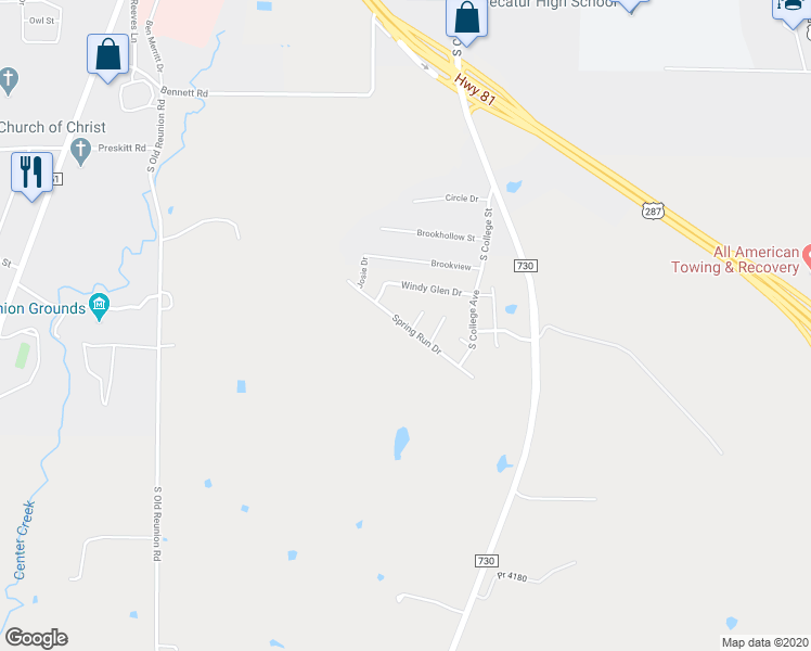 map of restaurants, bars, coffee shops, grocery stores, and more near 120 Spring Run Drive in Decatur