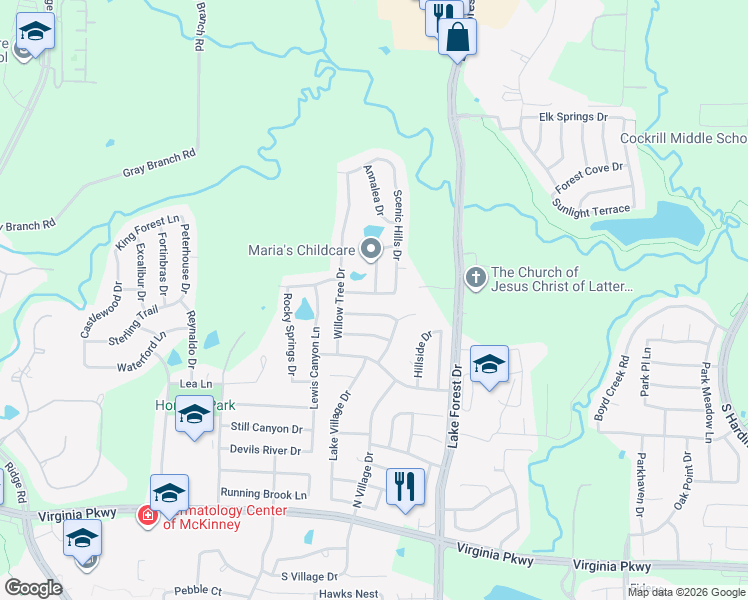 map of restaurants, bars, coffee shops, grocery stores, and more near 5301 Mountain Pointe Drive in McKinney