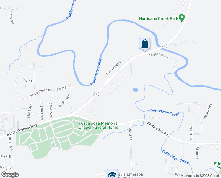 map of restaurants, bars, coffee shops, grocery stores, and more near 6212 Green Acres Lane in Tuscaloosa