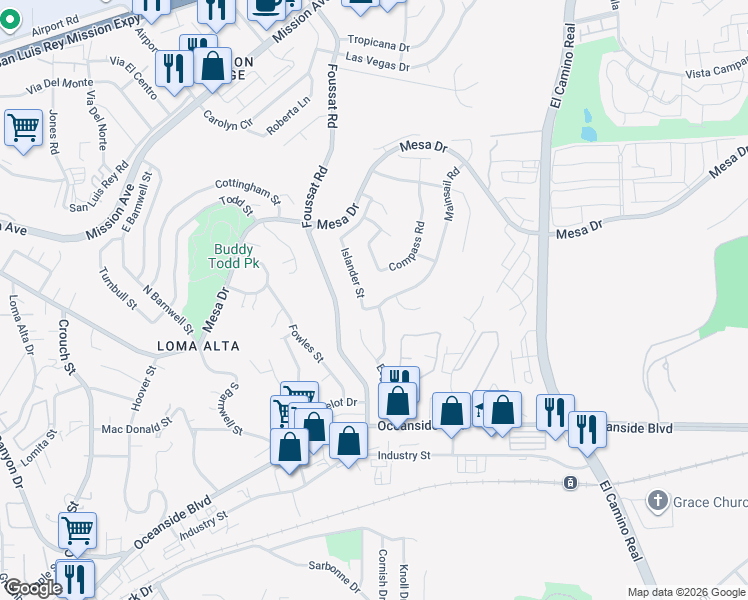 map of restaurants, bars, coffee shops, grocery stores, and more near 440 Compass Road in Oceanside