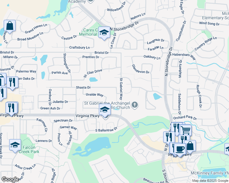 map of restaurants, bars, coffee shops, grocery stores, and more near 405 Lakefront Court in McKinney
