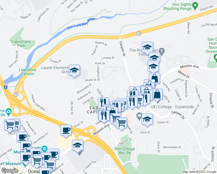 map of restaurants, bars, coffee shops, grocery stores, and more near 415 Stoney Point Way in Oceanside