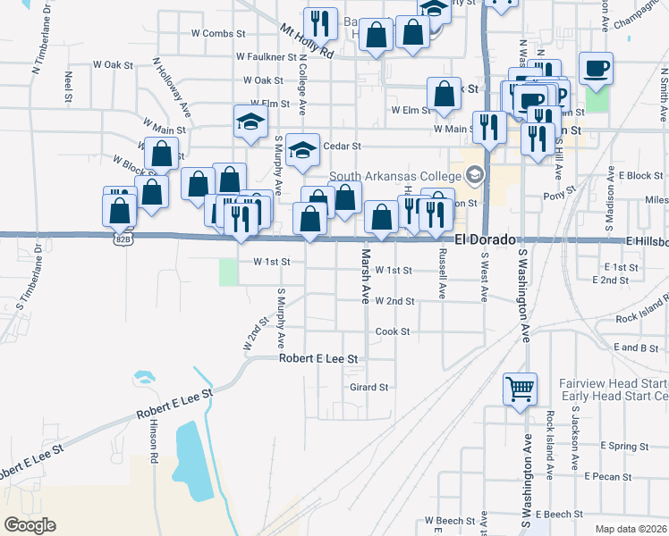 map of restaurants, bars, coffee shops, grocery stores, and more near 700 West 1st Street in El Dorado