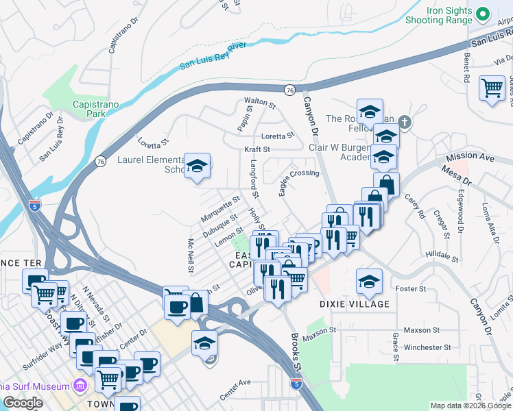 map of restaurants, bars, coffee shops, grocery stores, and more near 815 Langford Street in Oceanside