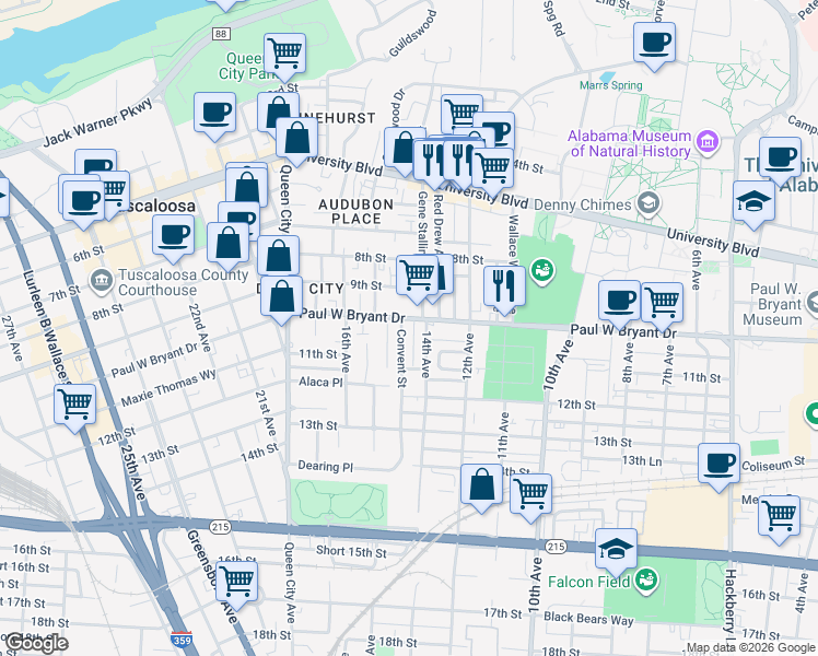 map of restaurants, bars, coffee shops, grocery stores, and more near 906 Red Drew Avenue in Tuscaloosa