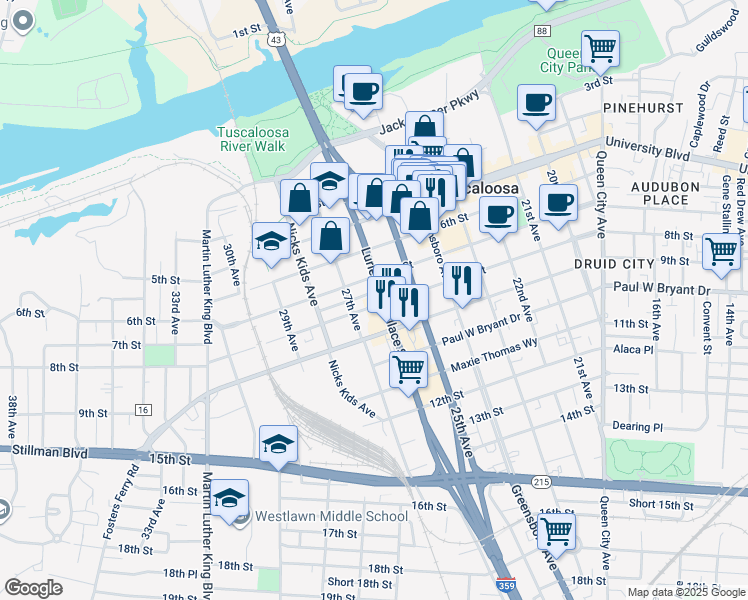 map of restaurants, bars, coffee shops, grocery stores, and more near in Tuscaloosa