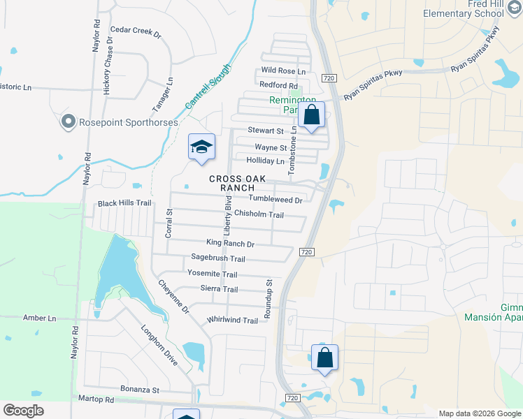 map of restaurants, bars, coffee shops, grocery stores, and more near 8921 Tumbleweed Drive in Cross Roads