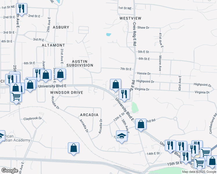 map of restaurants, bars, coffee shops, grocery stores, and more near 4 The Knoll in Tuscaloosa