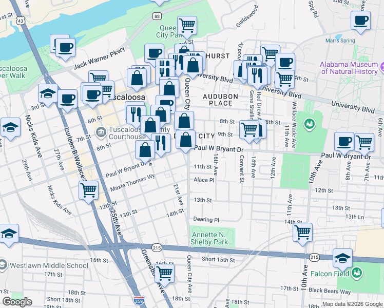 map of restaurants, bars, coffee shops, grocery stores, and more near in Tuscaloosa