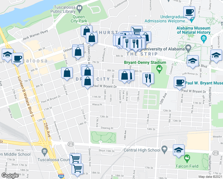 map of restaurants, bars, coffee shops, grocery stores, and more near 1515 Paul W. Bryant Drive in Tuscaloosa